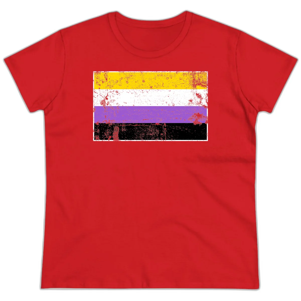 Nonbinary pride flag with yellow, white, purple, and black horizontal stripes featuring distressed grunge texture overlay in Red