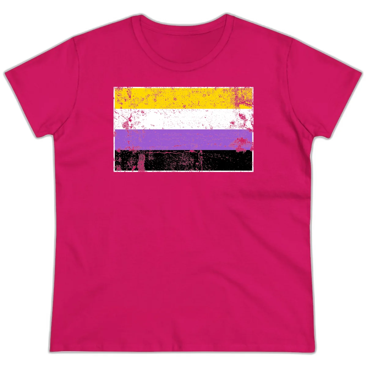 Nonbinary pride flag with yellow, white, purple, and black horizontal stripes featuring distressed grunge texture overlay in Heliconia