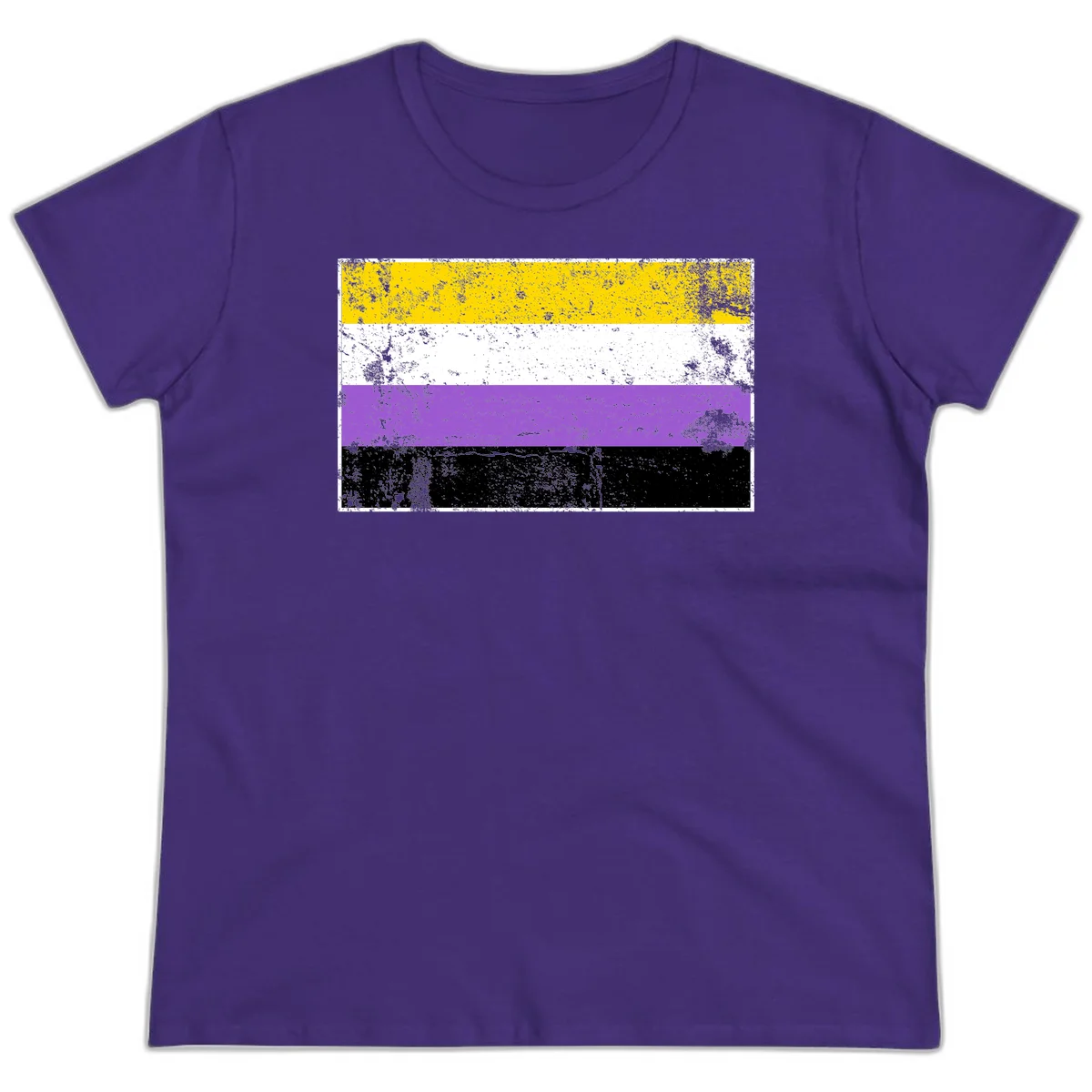 Nonbinary pride flag with yellow, white, purple, and black horizontal stripes featuring distressed grunge texture overlay in Purple
