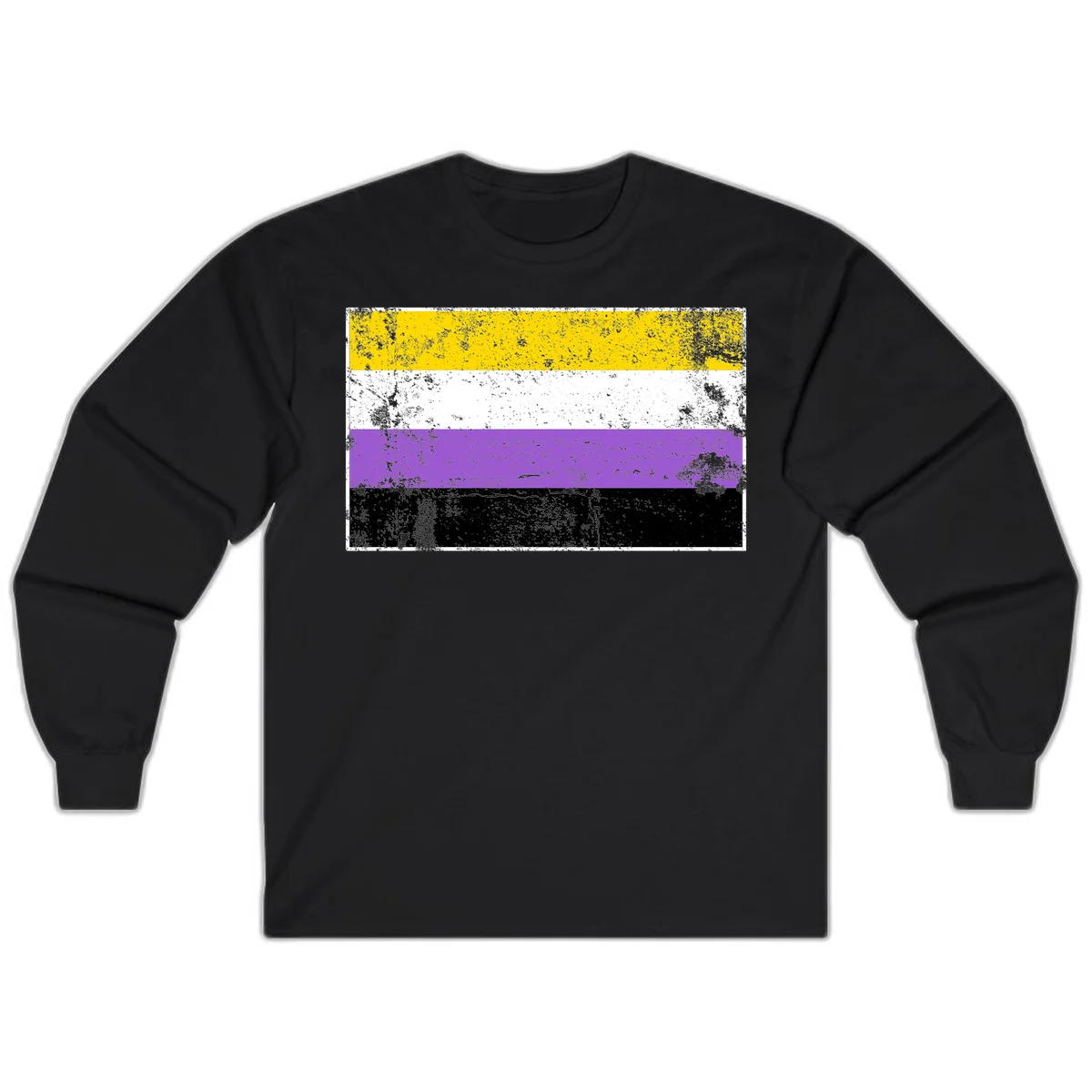 Nonbinary pride flag with yellow, white, purple, and black horizontal stripes featuring distressed grunge texture overlay in Black