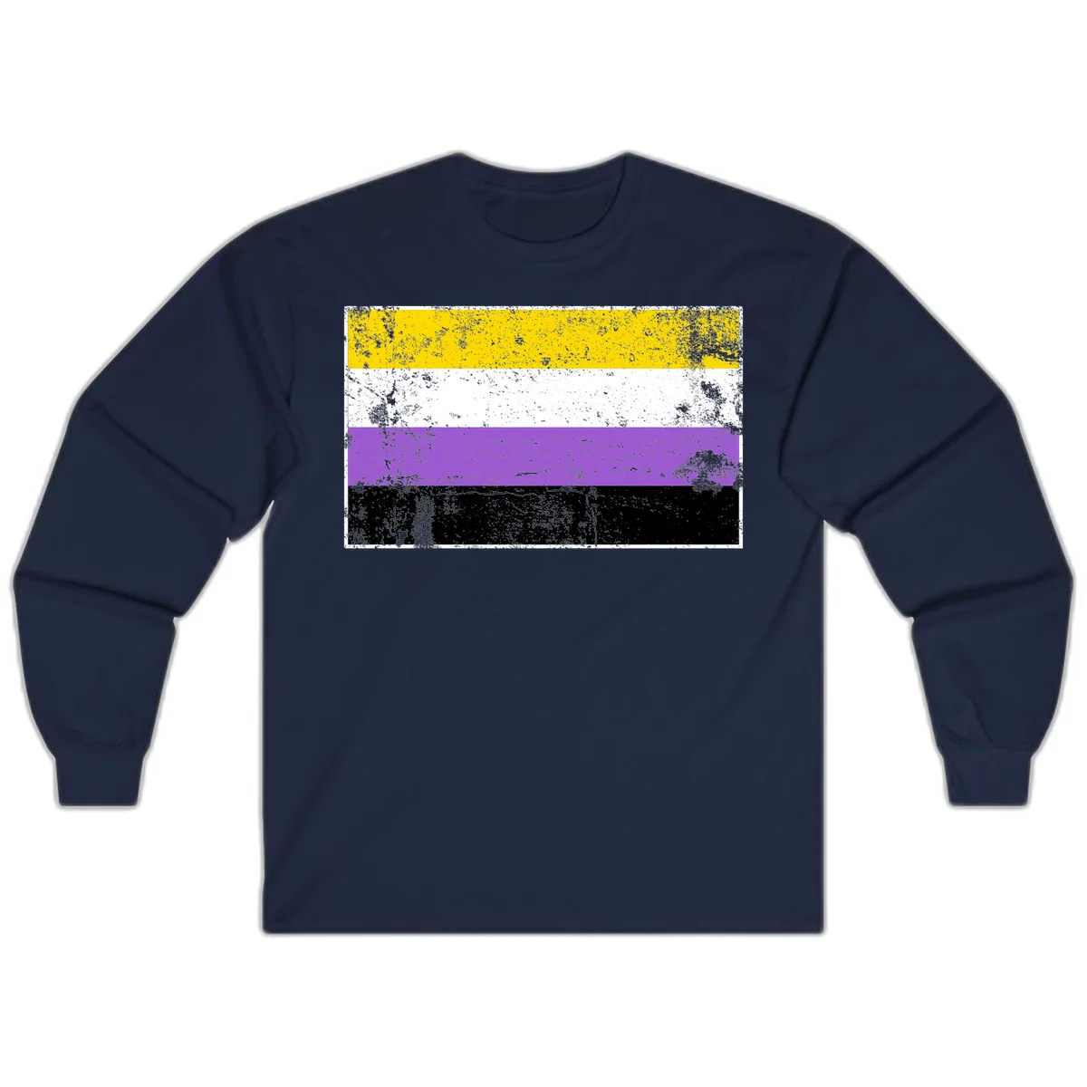 Nonbinary pride flag with yellow, white, purple, and black horizontal stripes featuring distressed grunge texture overlay in Navy