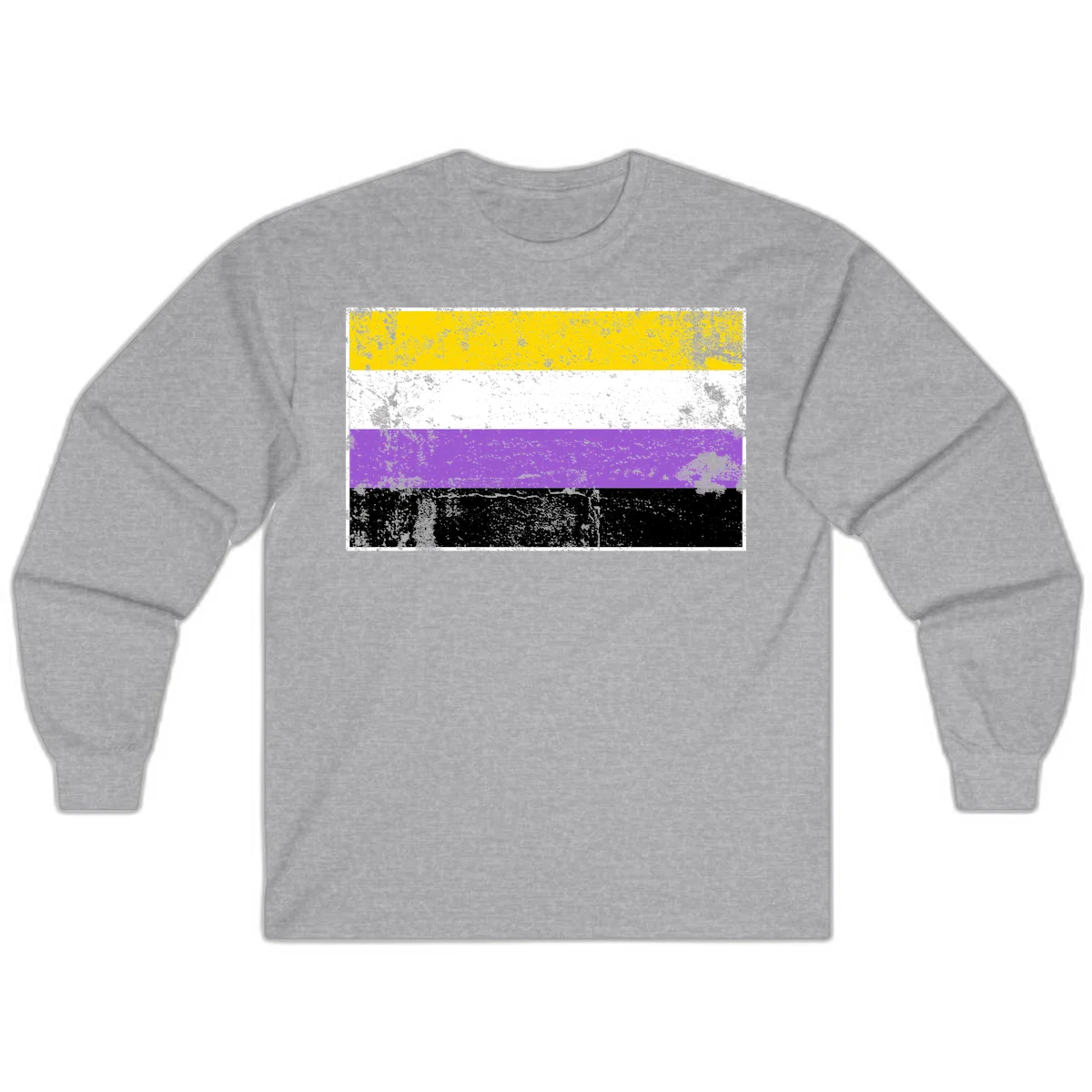 Nonbinary pride flag with yellow, white, purple, and black horizontal stripes featuring distressed grunge texture overlay in Sport Grey