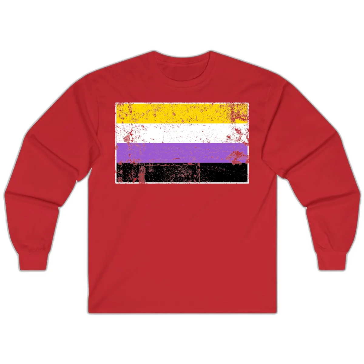 Nonbinary pride flag with yellow, white, purple, and black horizontal stripes featuring distressed grunge texture overlay in Red