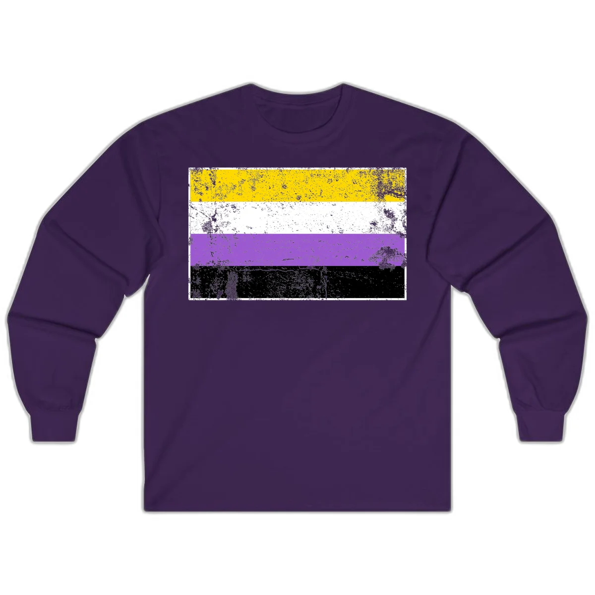 Nonbinary pride flag with yellow, white, purple, and black horizontal stripes featuring distressed grunge texture overlay in Purple