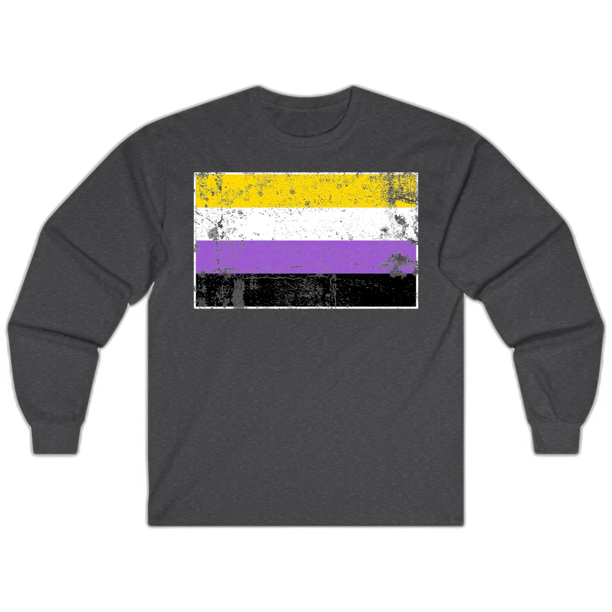 Nonbinary pride flag with yellow, white, purple, and black horizontal stripes featuring distressed grunge texture overlay in Dark Heather
