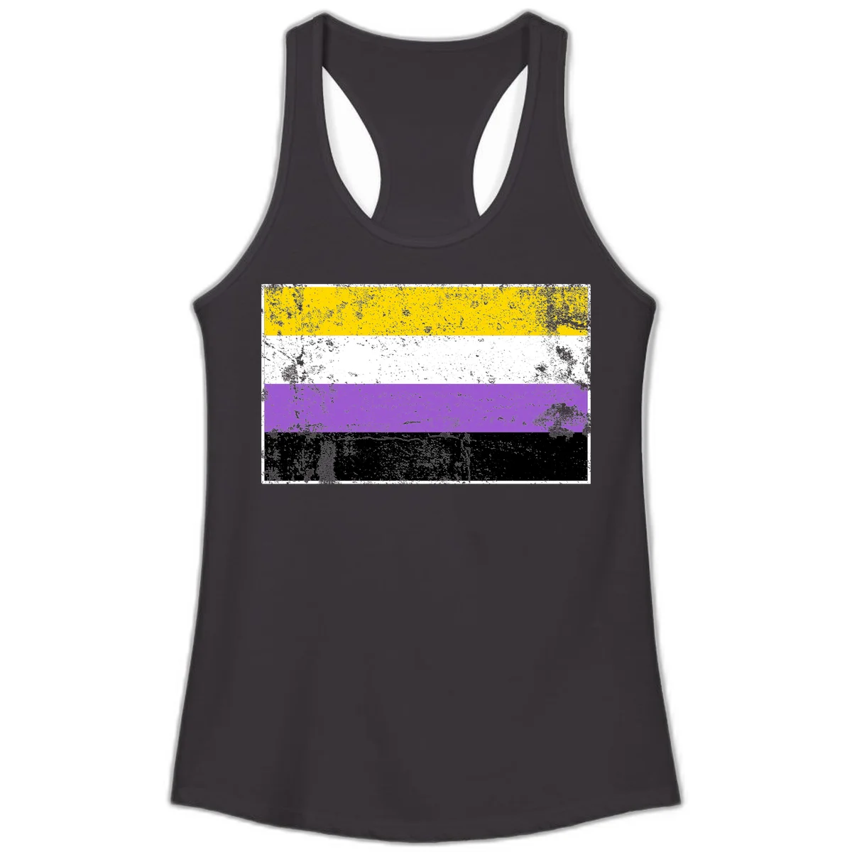 Nonbinary pride flag with yellow, white, purple, and black horizontal stripes featuring distressed grunge texture overlay in Black