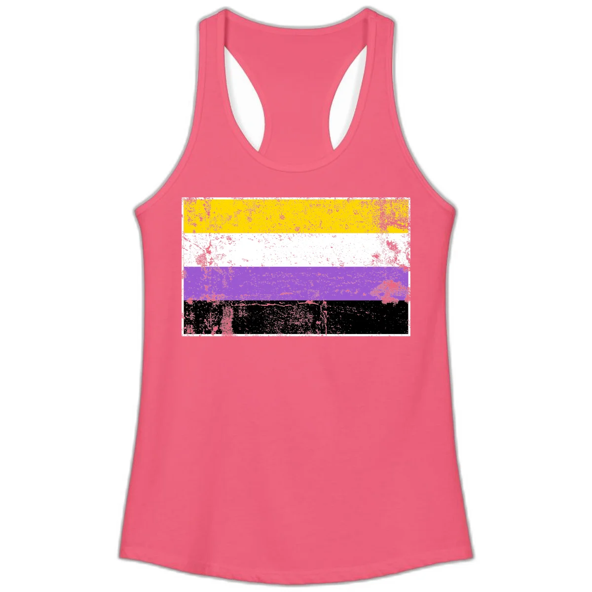 Nonbinary pride flag with yellow, white, purple, and black horizontal stripes featuring distressed grunge texture overlay in Hot Pink