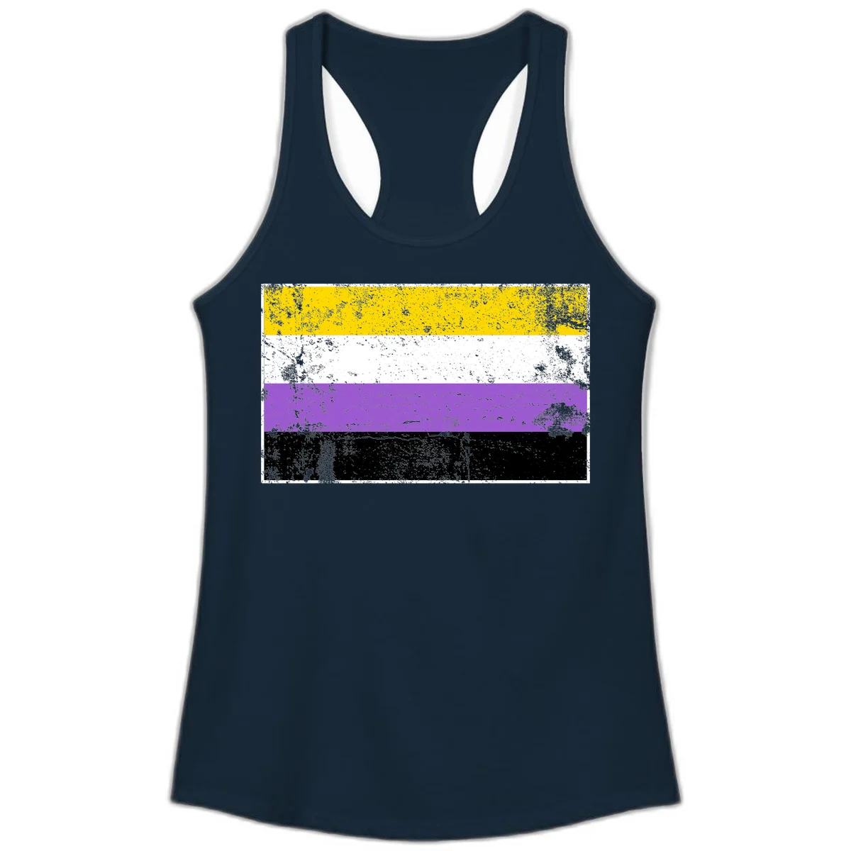 Nonbinary pride flag with yellow, white, purple, and black horizontal stripes featuring distressed grunge texture overlay in Solid Midnight Navy