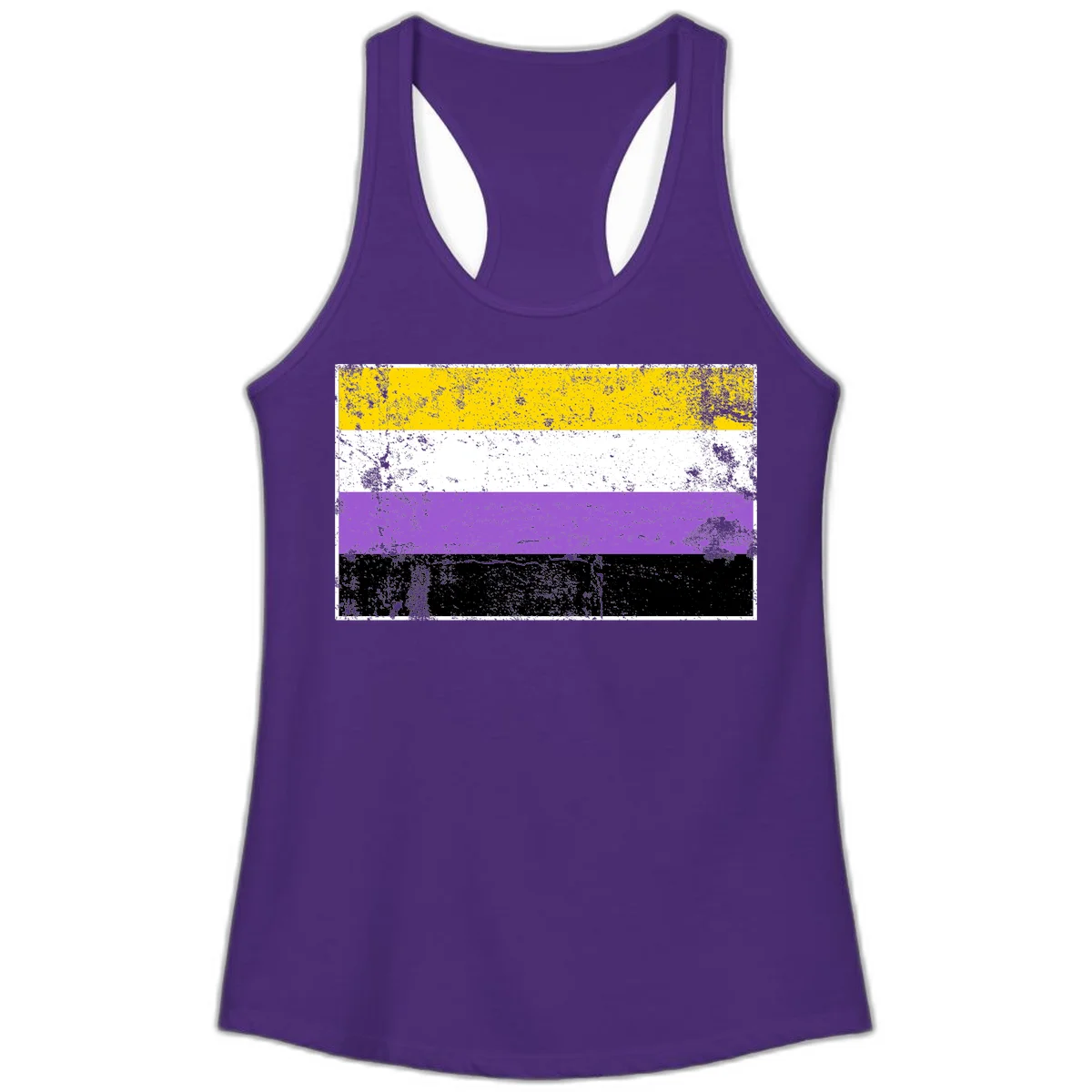 Nonbinary pride flag with yellow, white, purple, and black horizontal stripes featuring distressed grunge texture overlay in Solid Purple Rush