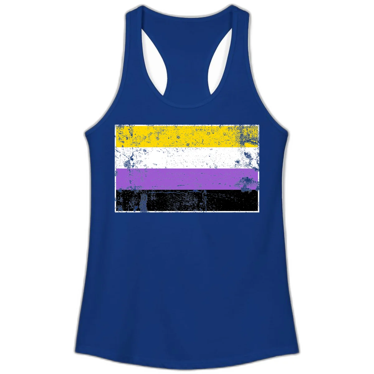 Nonbinary pride flag with yellow, white, purple, and black horizontal stripes featuring distressed grunge texture overlay in Solid Royal