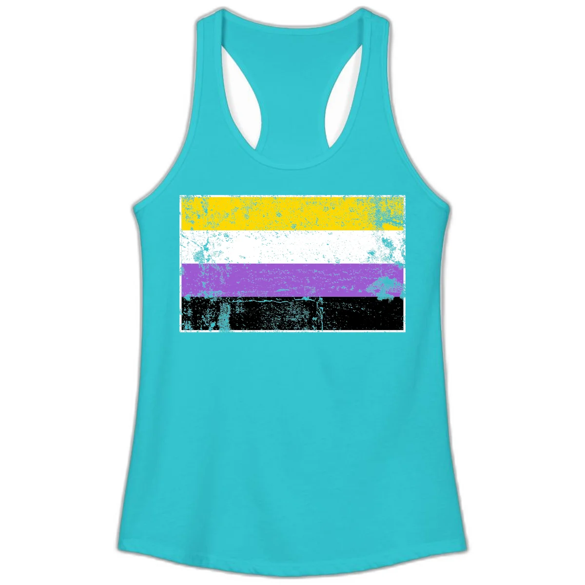 Nonbinary pride flag with yellow, white, purple, and black horizontal stripes featuring distressed grunge texture overlay in Solid Tahiti Blue