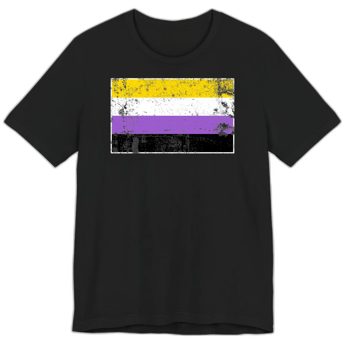 Nonbinary pride flag with yellow, white, purple, and black horizontal stripes featuring distressed grunge texture overlay in Black