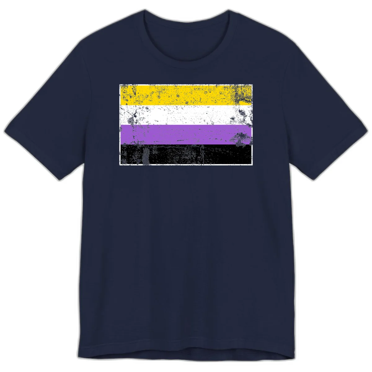 Nonbinary pride flag with yellow, white, purple, and black horizontal stripes featuring distressed grunge texture overlay in Navy