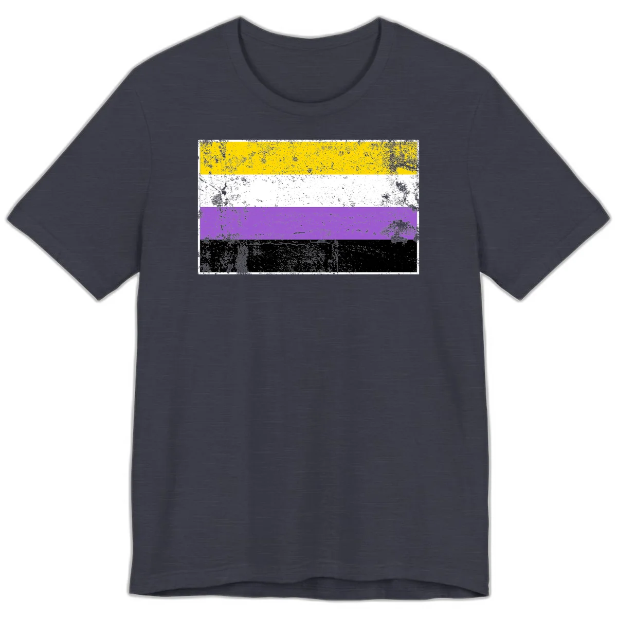 Nonbinary pride flag with yellow, white, purple, and black horizontal stripes featuring distressed grunge texture overlay in Heather Midnight Navy