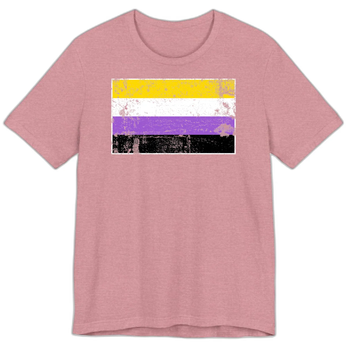 Nonbinary pride flag with yellow, white, purple, and black horizontal stripes featuring distressed grunge texture overlay in Heather Orchid