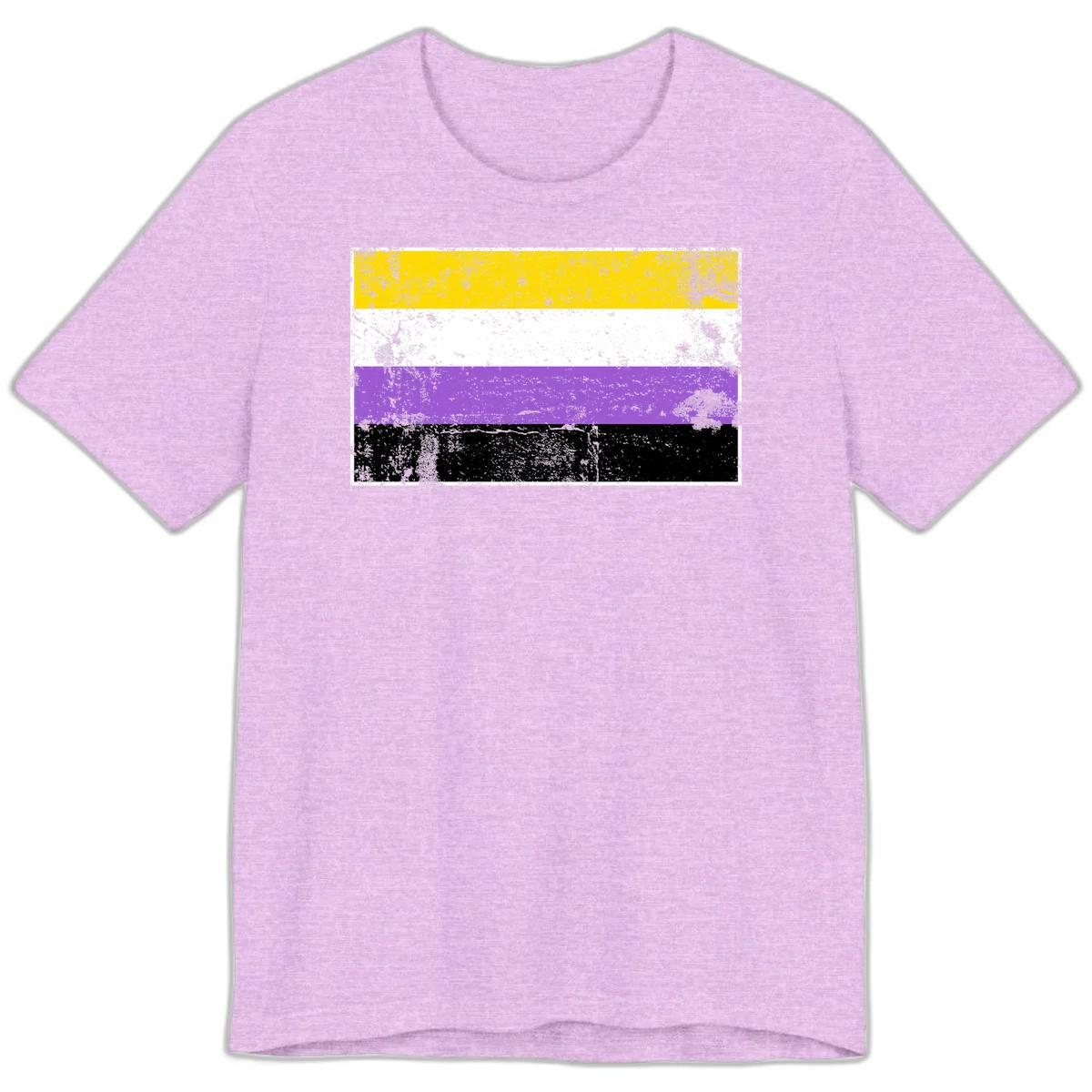 Nonbinary pride flag with yellow, white, purple, and black horizontal stripes featuring distressed grunge texture overlay in Heather Prism Lilac