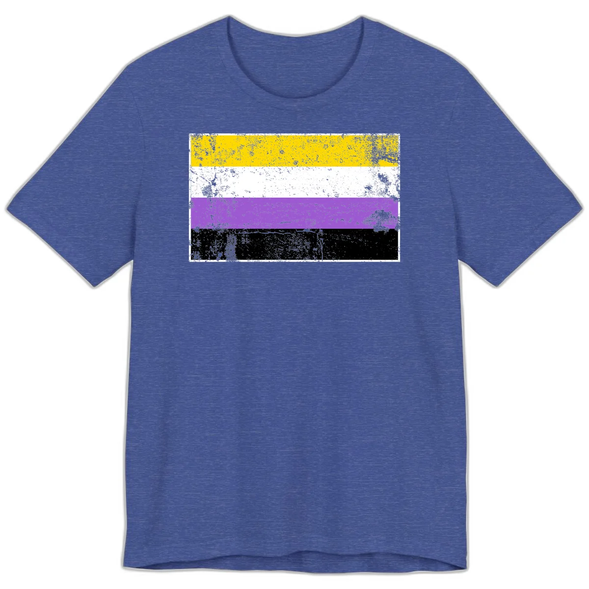 Nonbinary pride flag with yellow, white, purple, and black horizontal stripes featuring distressed grunge texture overlay in Heather True Royal
