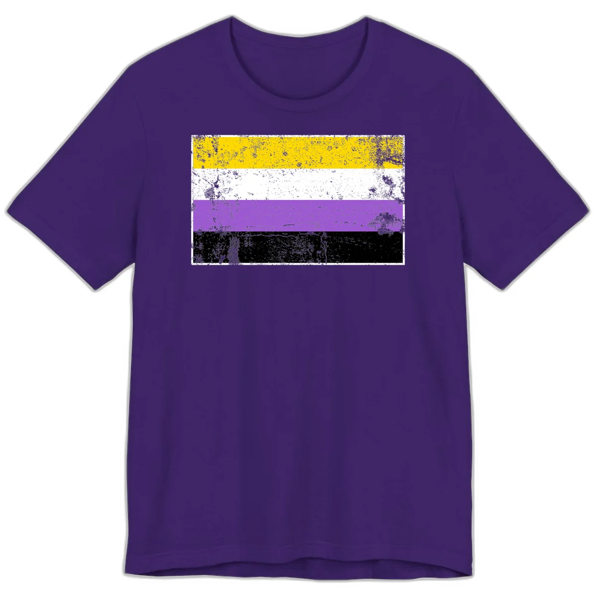 Nonbinary pride flag with yellow, white, purple, and black horizontal stripes featuring distressed grunge texture overlay in Team Purple