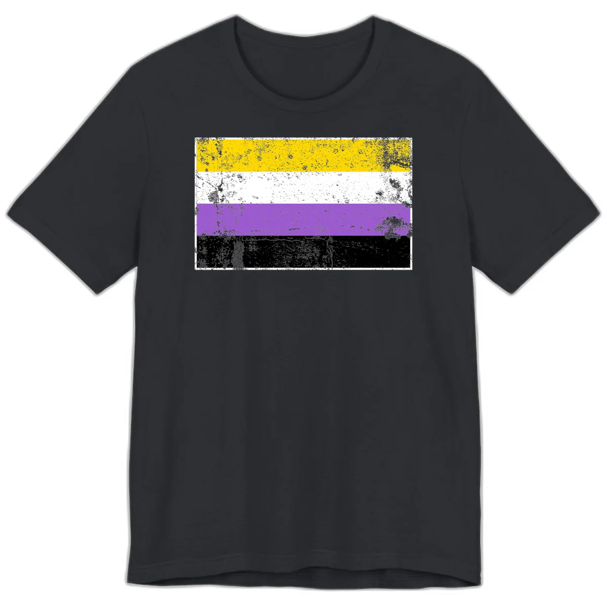 Nonbinary pride flag with yellow, white, purple, and black horizontal stripes featuring distressed grunge texture overlay in Vintage Black