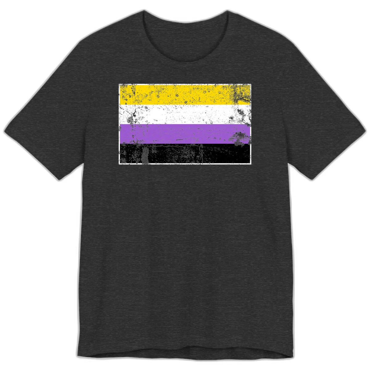 Nonbinary pride flag with yellow, white, purple, and black horizontal stripes featuring distressed grunge texture overlay in Dark Grey Heather