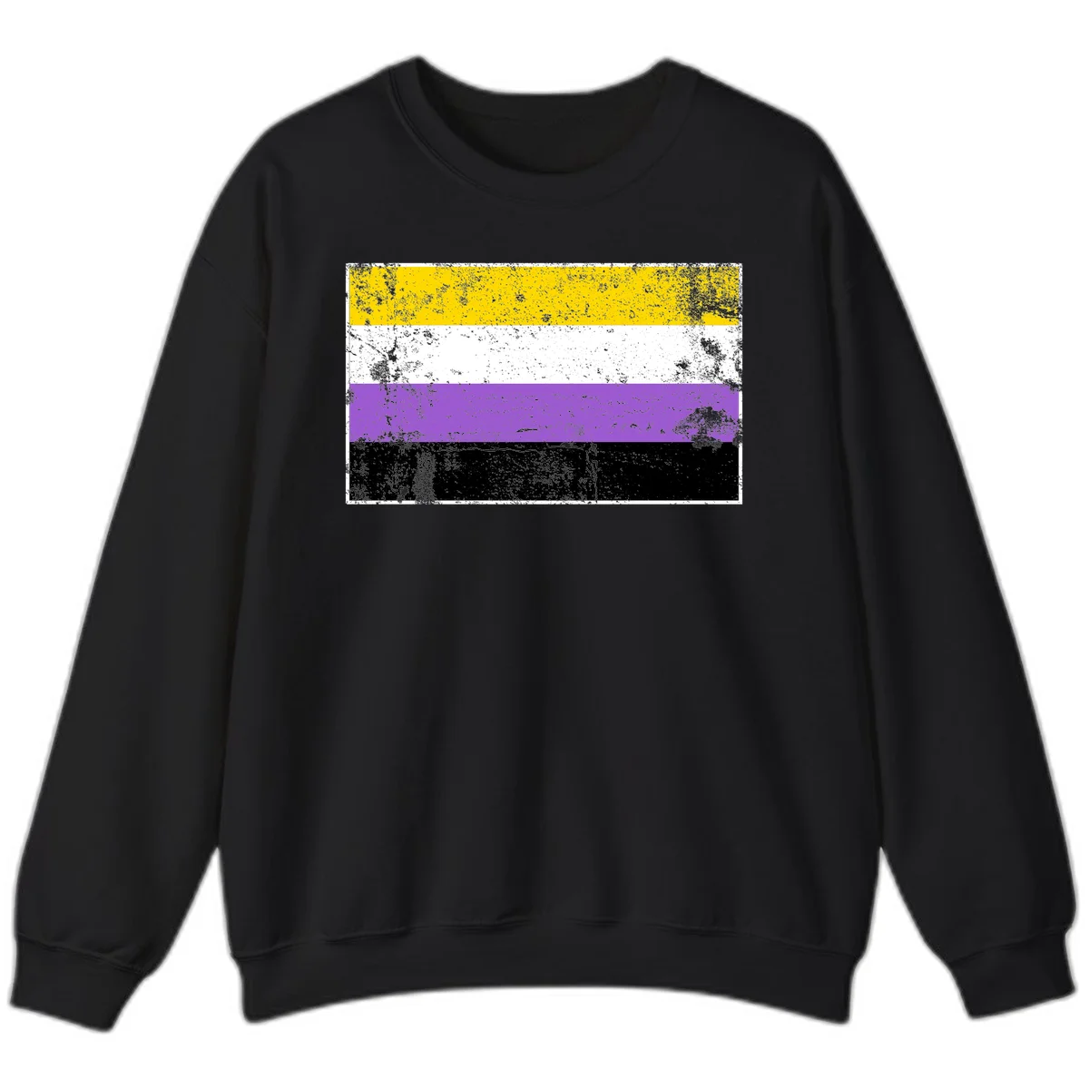 Nonbinary pride flag with yellow, white, purple, and black horizontal stripes featuring distressed grunge texture overlay in Black