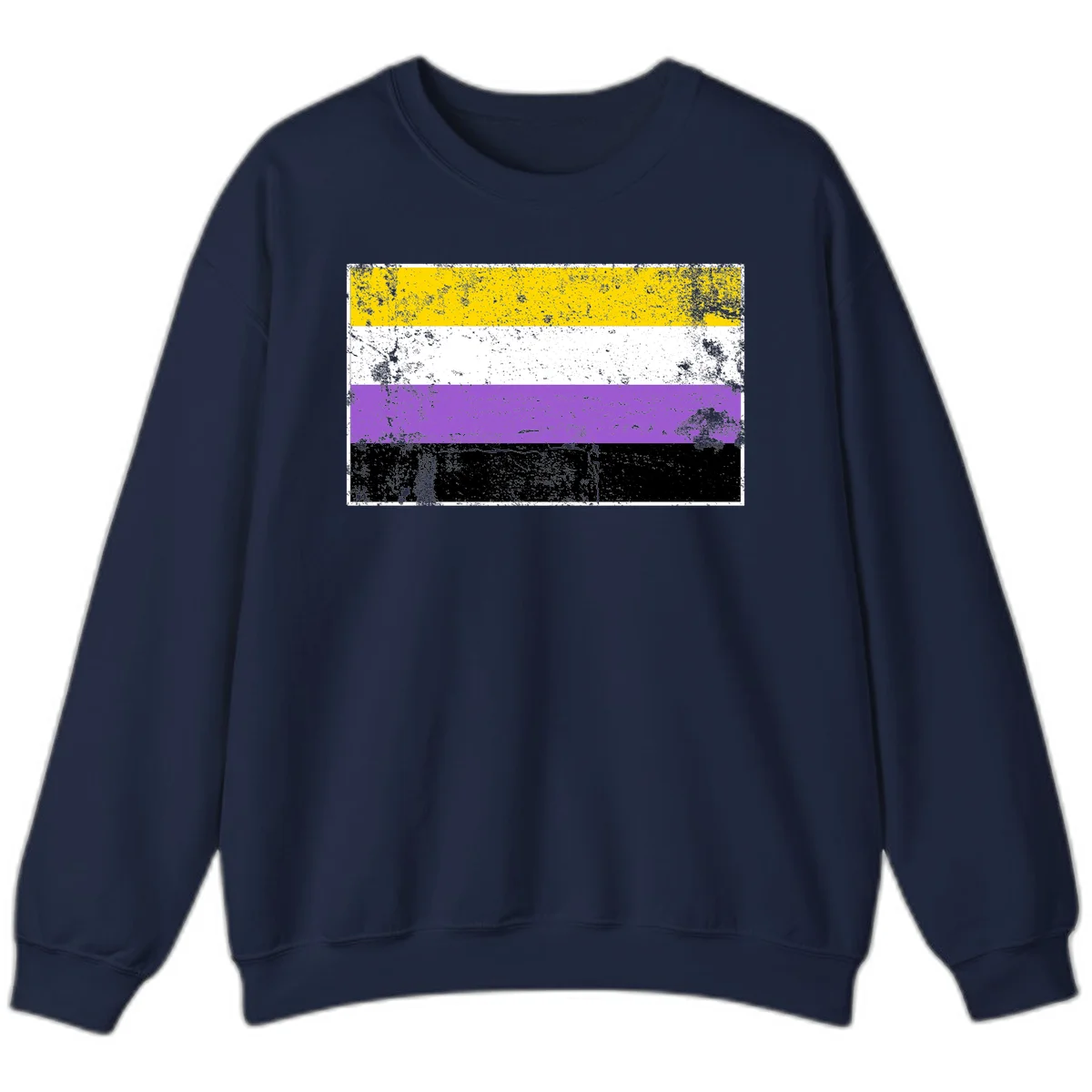 Nonbinary pride flag with yellow, white, purple, and black horizontal stripes featuring distressed grunge texture overlay in Navy