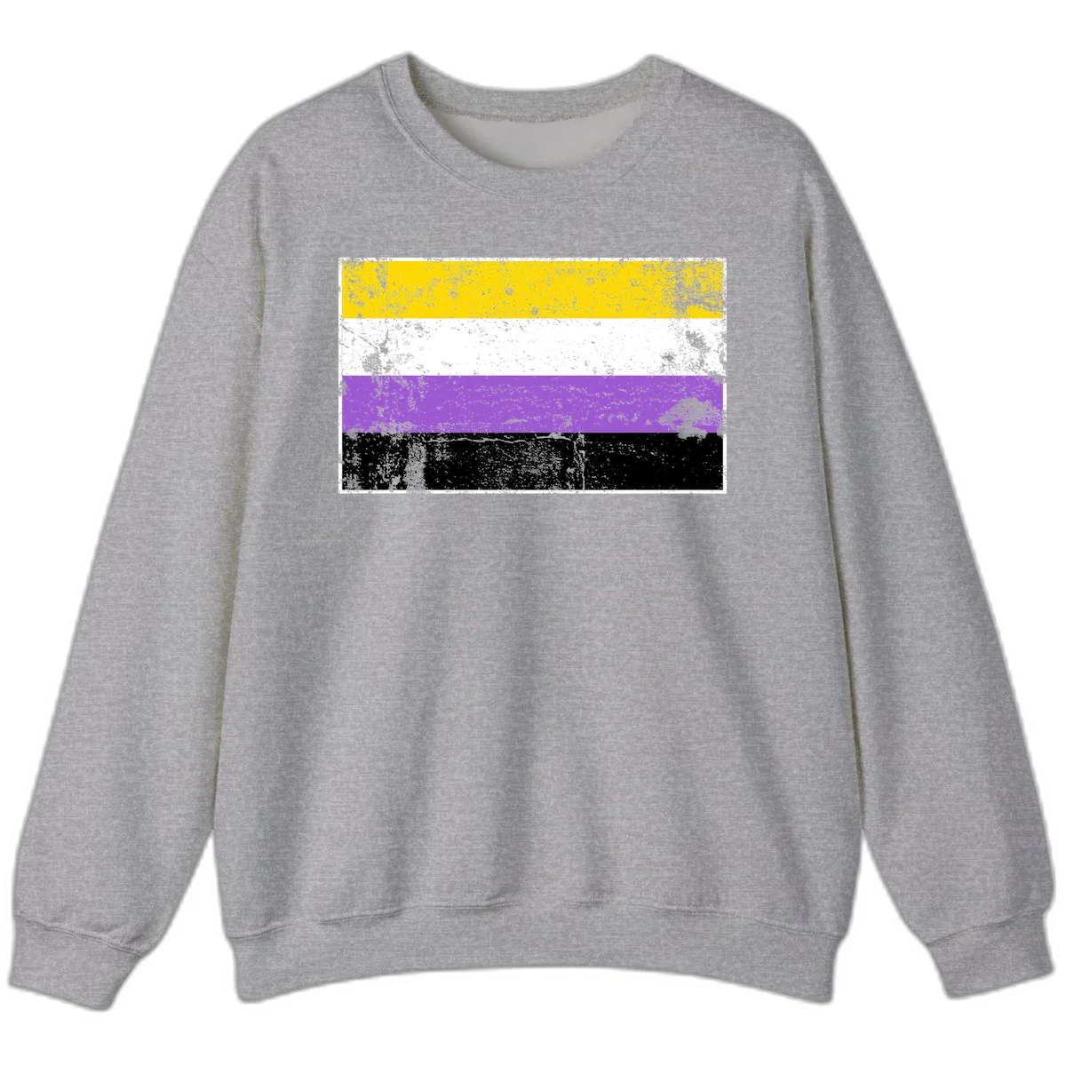 Nonbinary pride flag with yellow, white, purple, and black horizontal stripes featuring distressed grunge texture overlay in Sport Grey