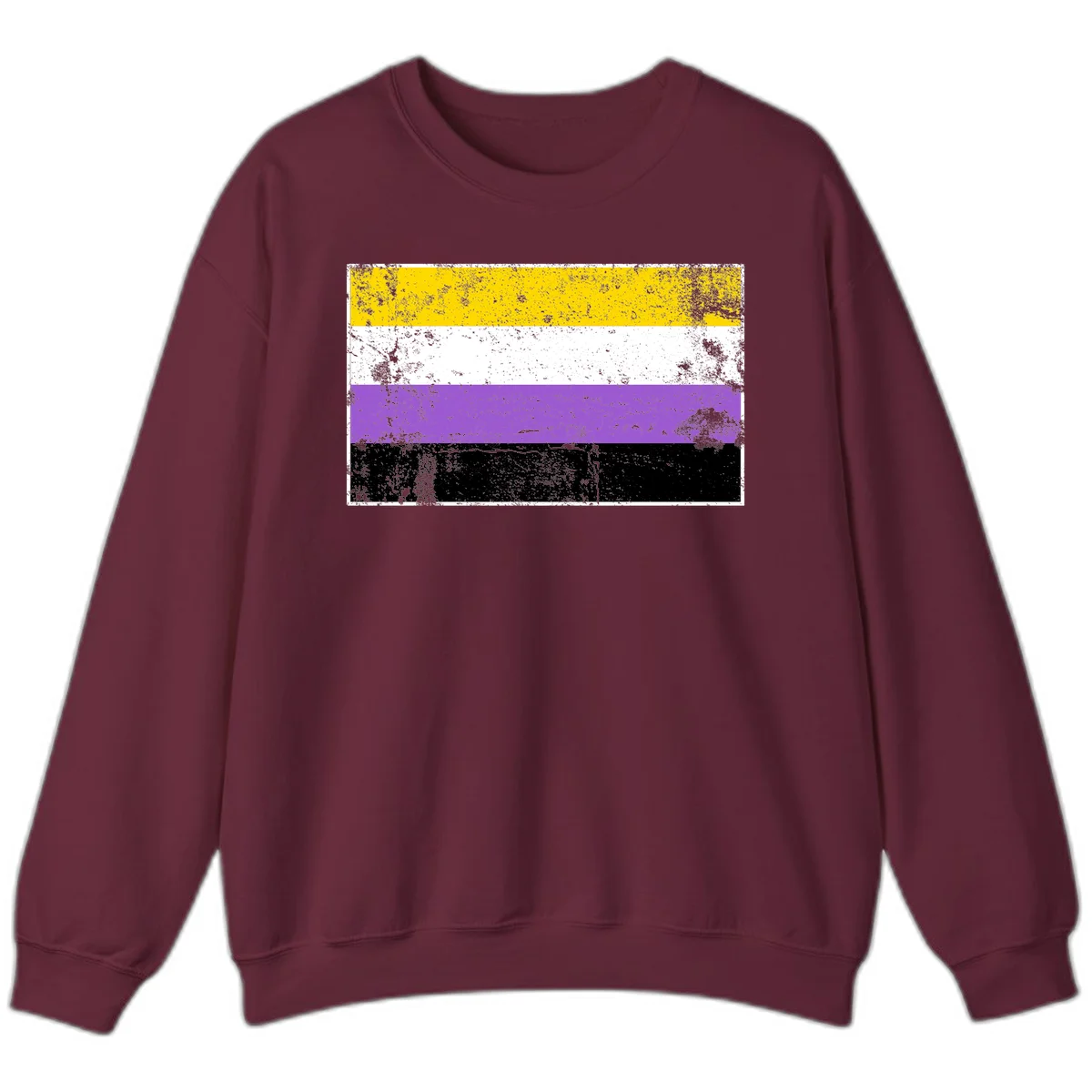 Nonbinary pride flag with yellow, white, purple, and black horizontal stripes featuring distressed grunge texture overlay in Maroon