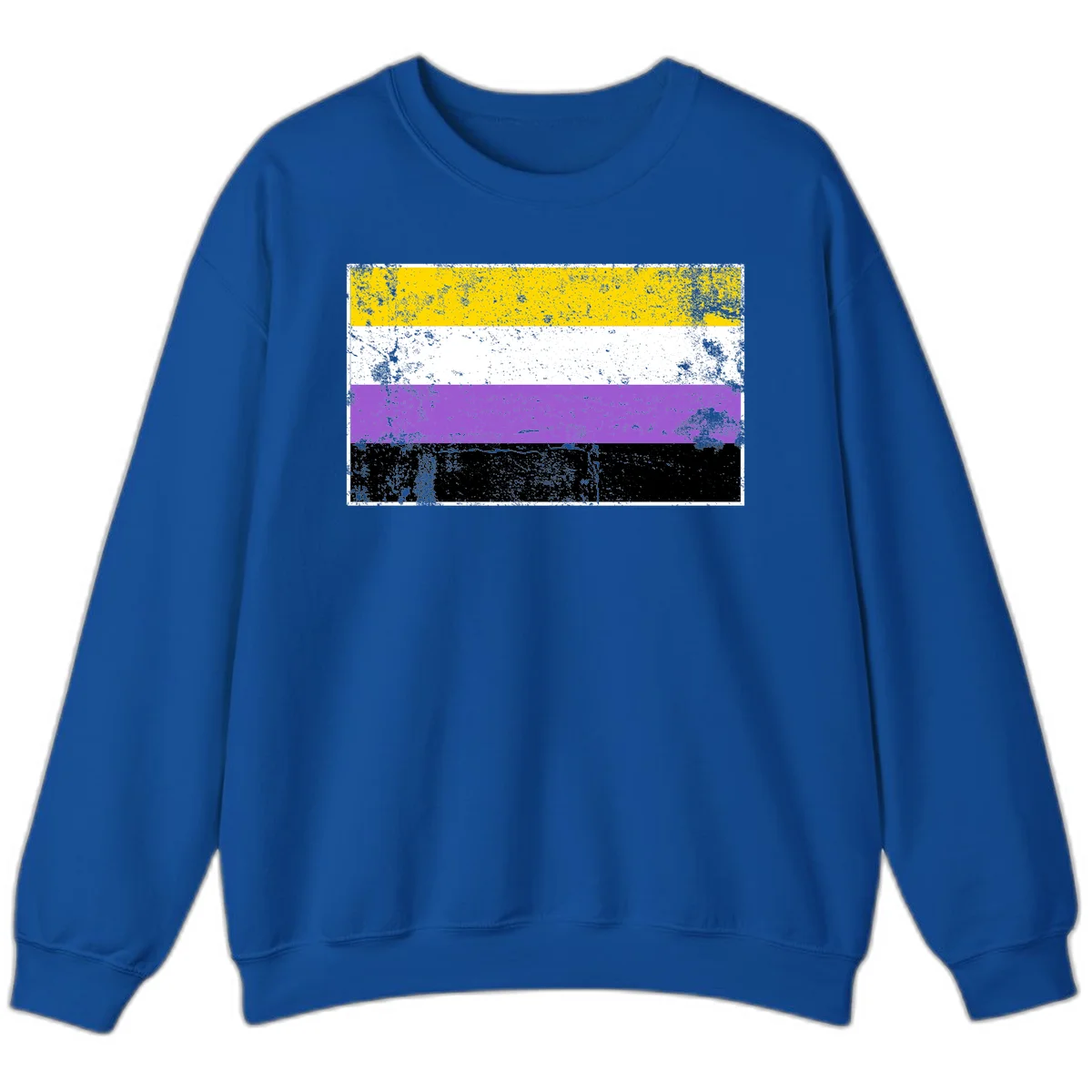 Nonbinary pride flag with yellow, white, purple, and black horizontal stripes featuring distressed grunge texture overlay in Royal