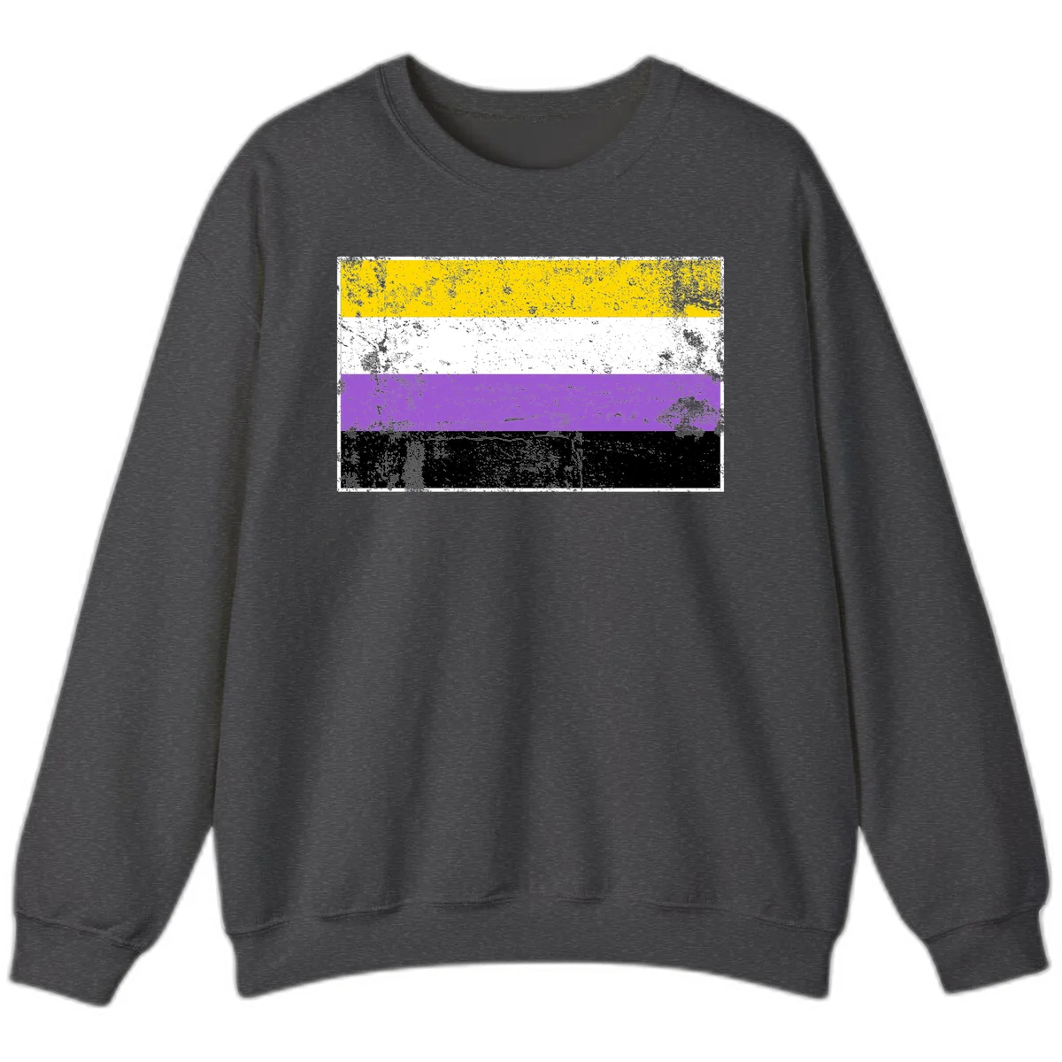 Nonbinary pride flag with yellow, white, purple, and black horizontal stripes featuring distressed grunge texture overlay in Dark Heather