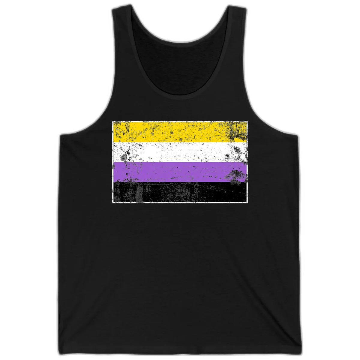 Nonbinary pride flag with yellow, white, purple, and black horizontal stripes featuring distressed grunge texture overlay in Black