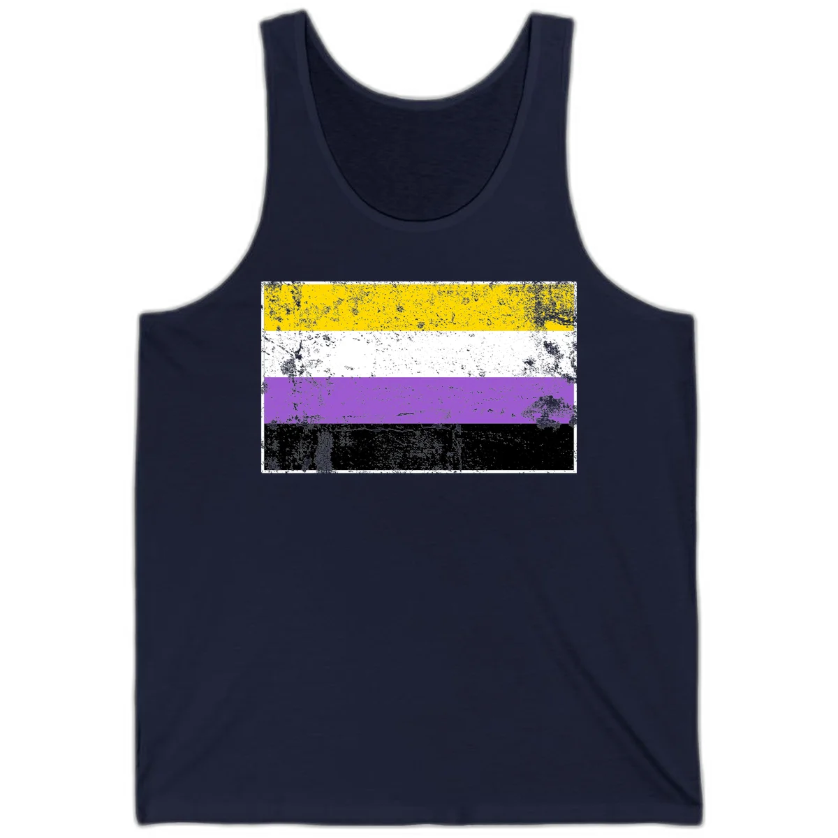 Nonbinary pride flag with yellow, white, purple, and black horizontal stripes featuring distressed grunge texture overlay in Navy