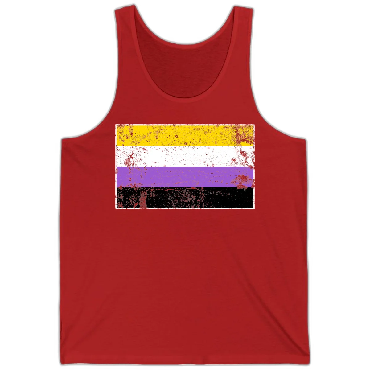 Nonbinary pride flag with yellow, white, purple, and black horizontal stripes featuring distressed grunge texture overlay in Red