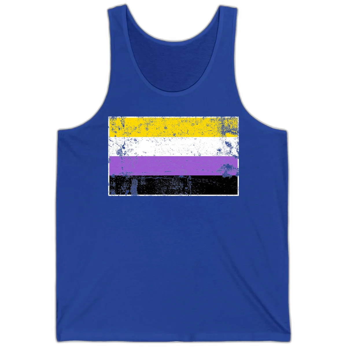 Nonbinary pride flag with yellow, white, purple, and black horizontal stripes featuring distressed grunge texture overlay in True Royal