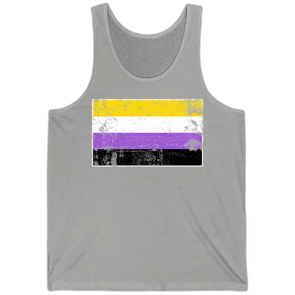 Nonbinary pride flag with yellow, white, purple, and black horizontal stripes featuring distressed grunge texture overlay in Athletic Heather