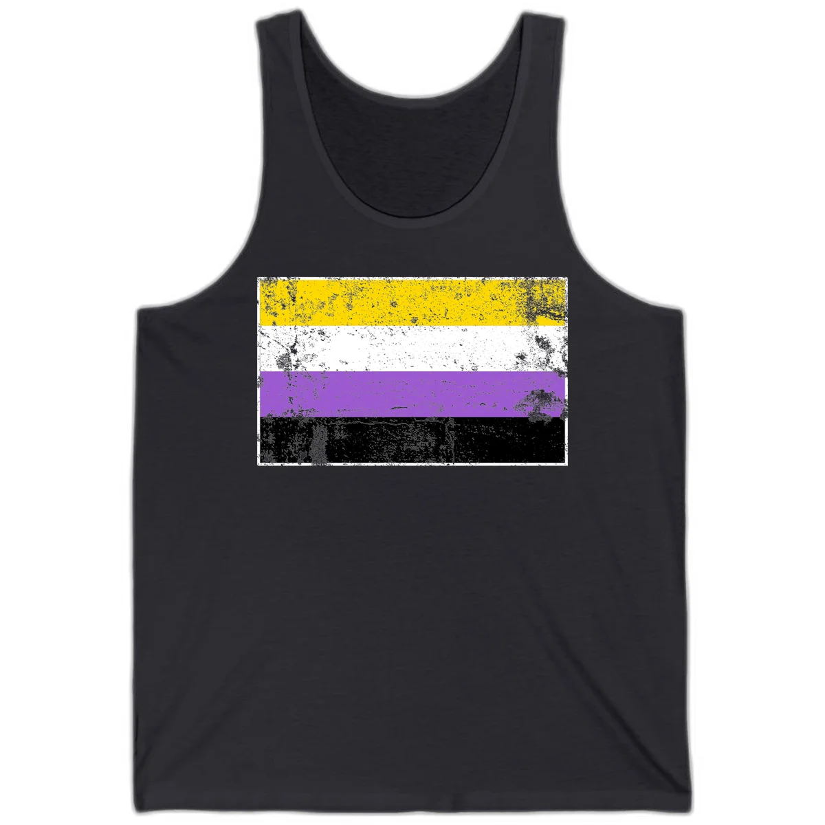 Nonbinary pride flag with yellow, white, purple, and black horizontal stripes featuring distressed grunge texture overlay in Dark Grey