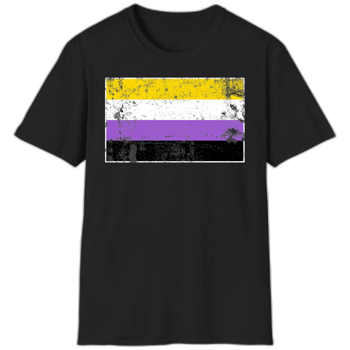 Nonbinary pride flag with yellow, white, purple, and black horizontal stripes featuring distressed grunge texture overlay in Black