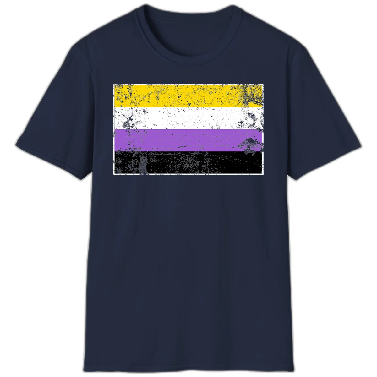 Nonbinary pride flag with yellow, white, purple, and black horizontal stripes featuring distressed grunge texture overlay in Navy