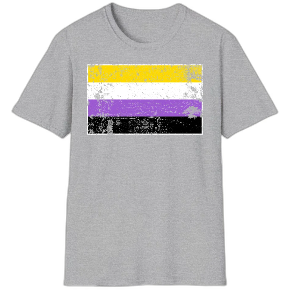 Nonbinary pride flag with yellow, white, purple, and black horizontal stripes featuring distressed grunge texture overlay in Sport Grey