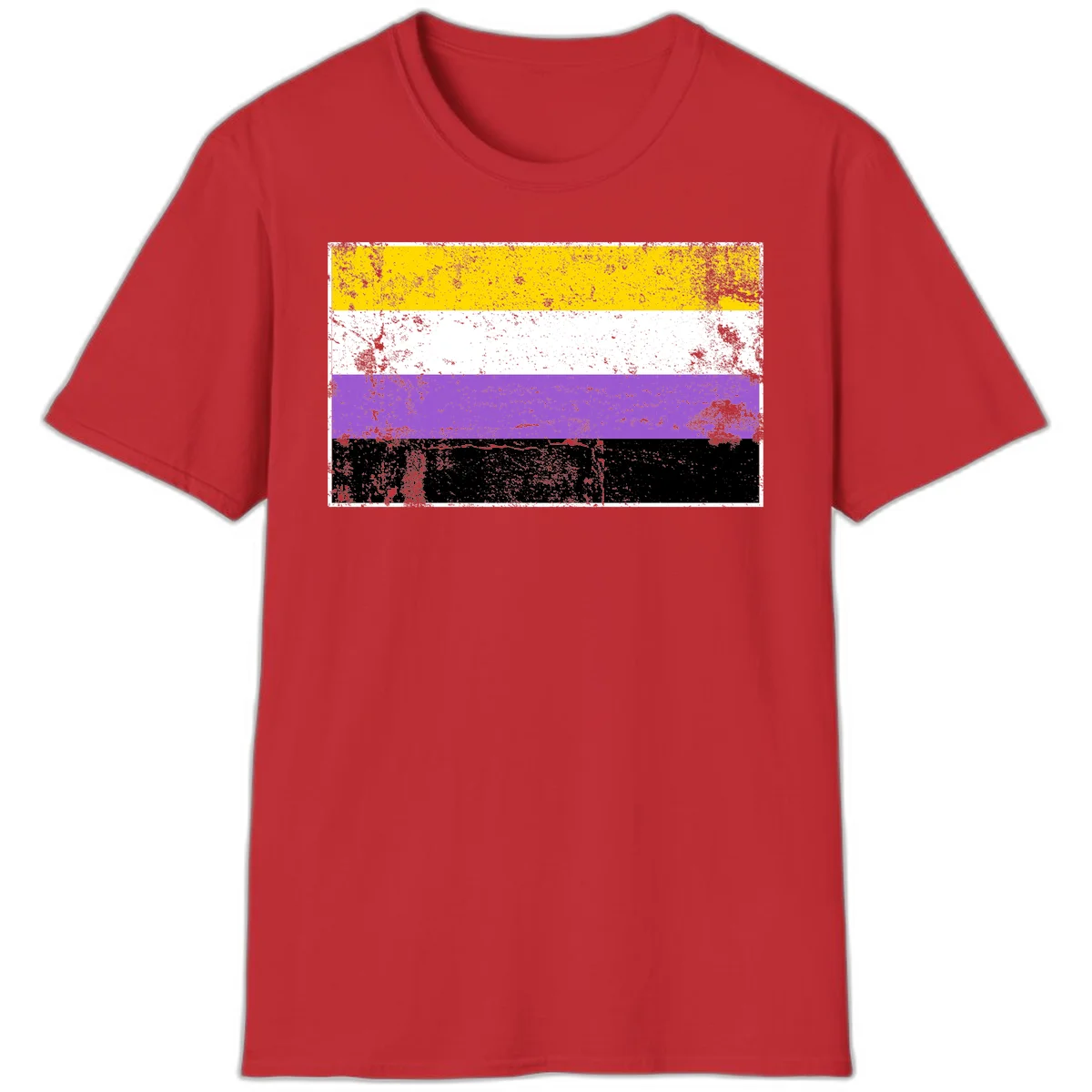 Nonbinary pride flag with yellow, white, purple, and black horizontal stripes featuring distressed grunge texture overlay in Red