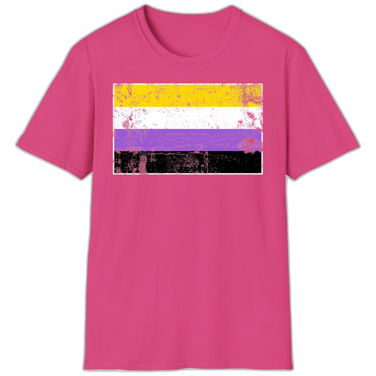 Nonbinary pride flag with yellow, white, purple, and black horizontal stripes featuring distressed grunge texture overlay in Heliconia