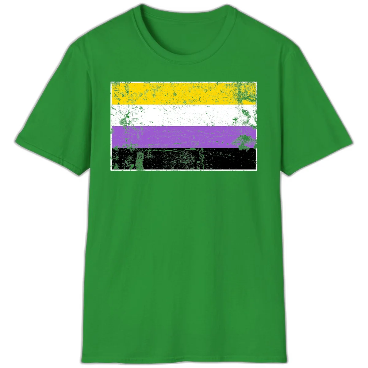 Nonbinary pride flag with yellow, white, purple, and black horizontal stripes featuring distressed grunge texture overlay in Irish Green