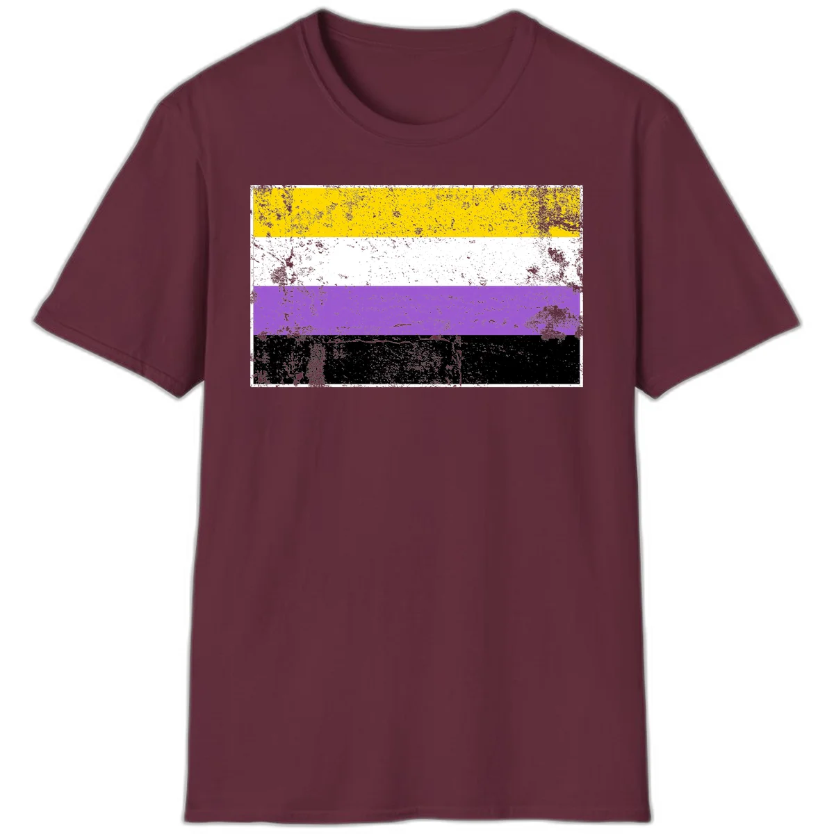 Nonbinary pride flag with yellow, white, purple, and black horizontal stripes featuring distressed grunge texture overlay in Maroon