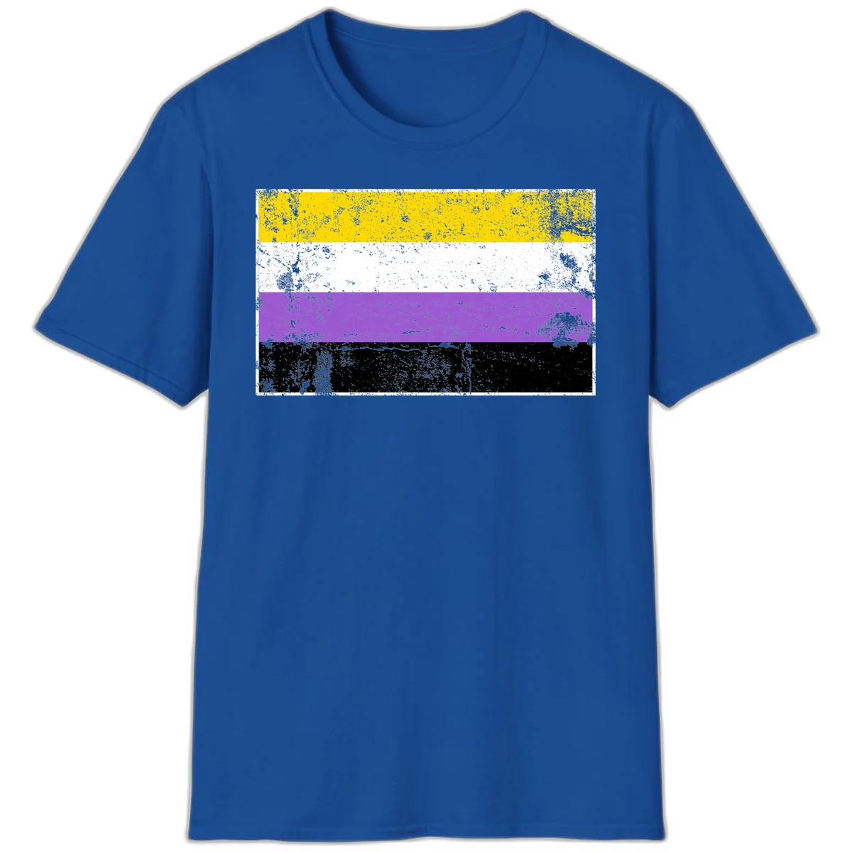Nonbinary pride flag with yellow, white, purple, and black horizontal stripes featuring distressed grunge texture overlay in Royal