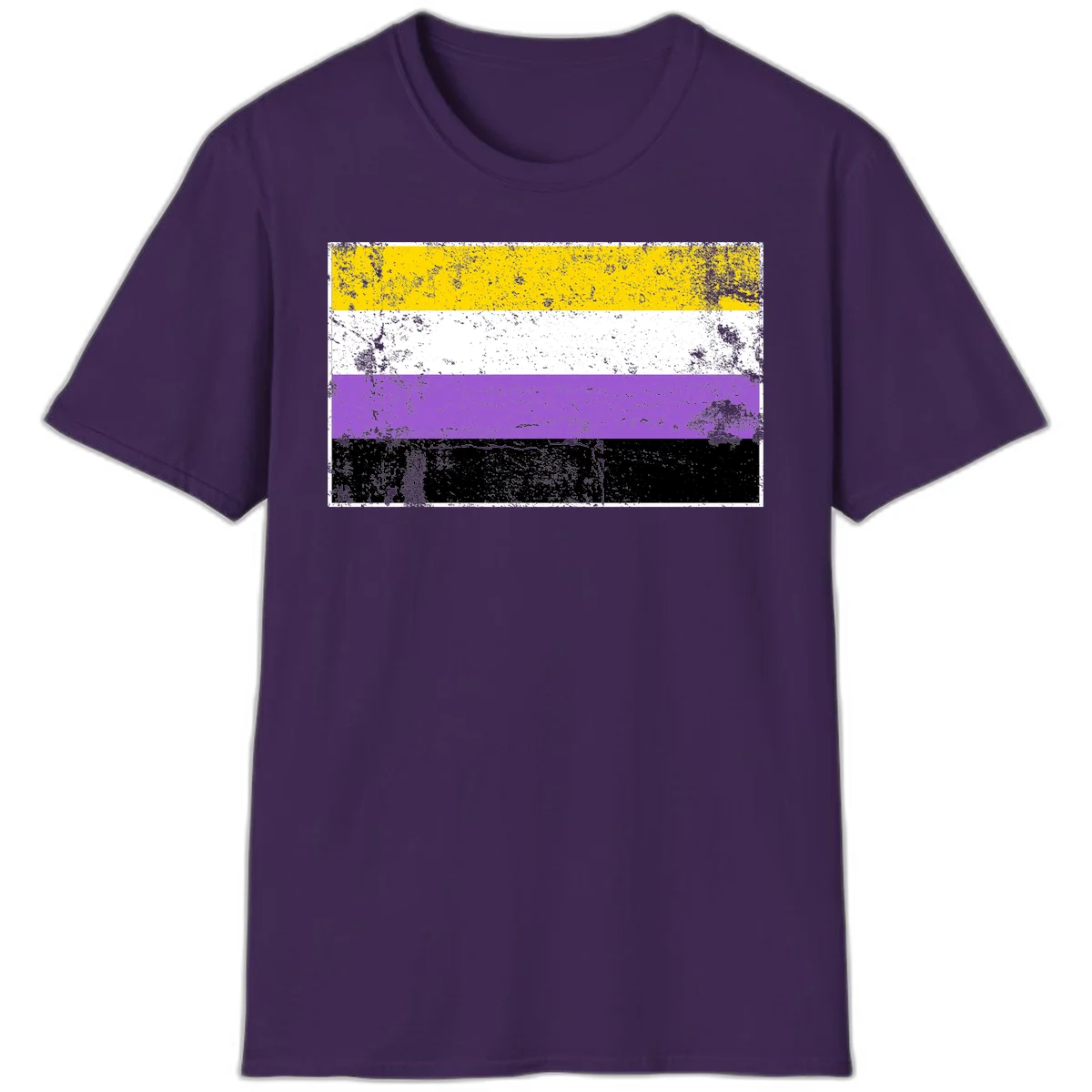 Nonbinary pride flag with yellow, white, purple, and black horizontal stripes featuring distressed grunge texture overlay in Purple