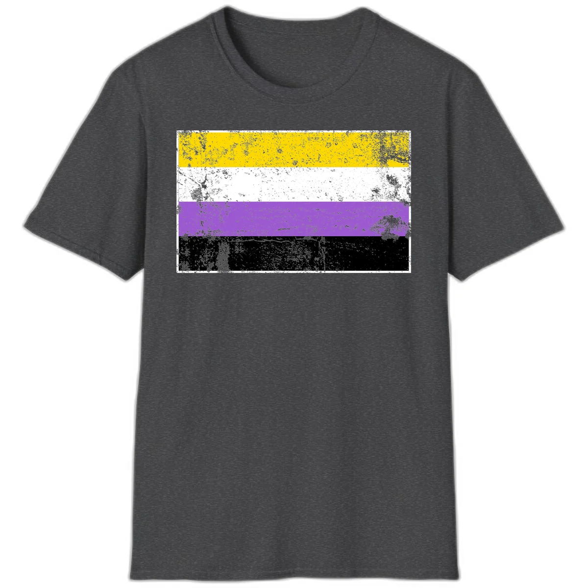 Nonbinary pride flag with yellow, white, purple, and black horizontal stripes featuring distressed grunge texture overlay in Dark Heather