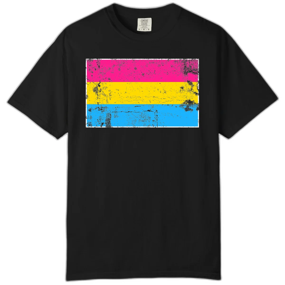 Pan pride distressed flag with magenta, yellow, and cyan blue horizontal stripes featuring heavy grunge texture overlay in Black