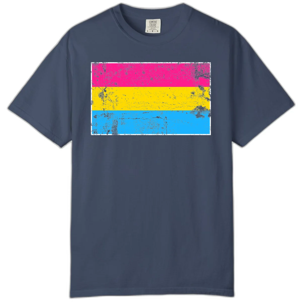Pan pride distressed flag with magenta, yellow, and cyan blue horizontal stripes featuring heavy grunge texture overlay in Midnight