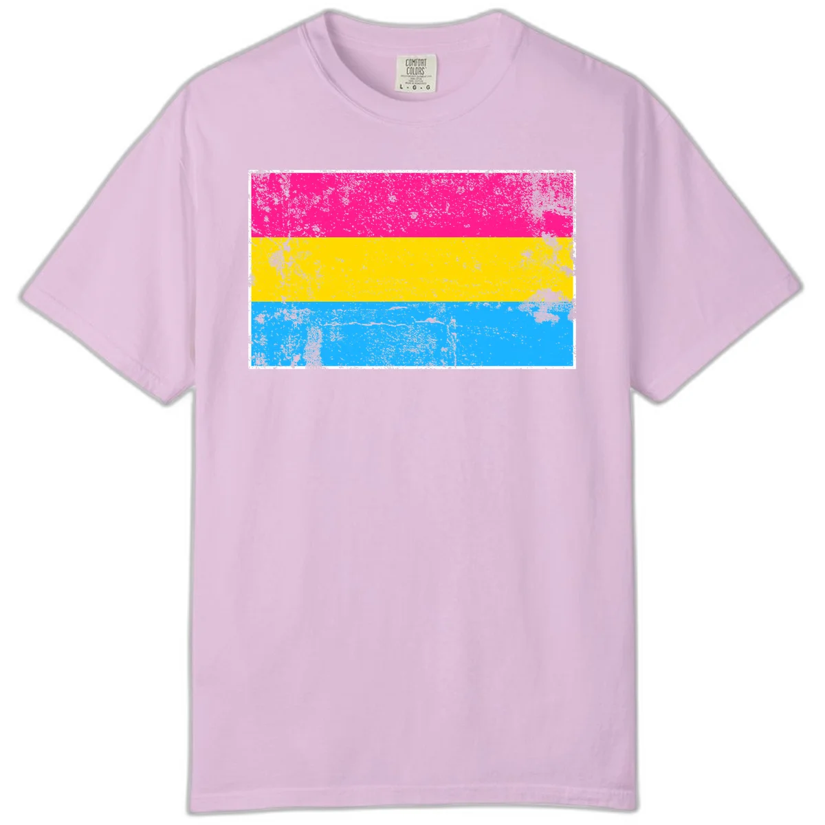 Pan pride distressed flag with magenta, yellow, and cyan blue horizontal stripes featuring heavy grunge texture overlay in Orchid