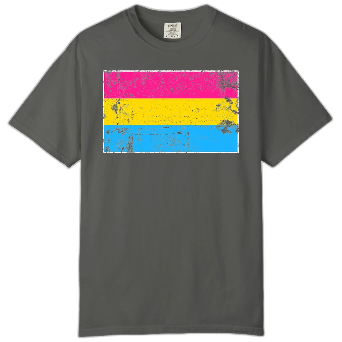 Pan pride distressed flag with magenta, yellow, and cyan blue horizontal stripes featuring heavy grunge texture overlay in Pepper